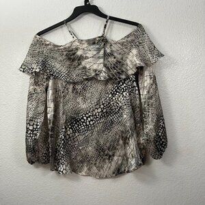 Lola & Sophie Silk Snake Print Ruffle Cold Shoulder Blouse